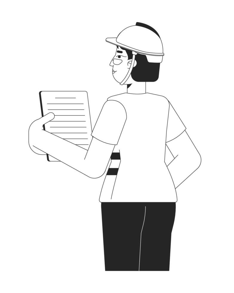 Female construction worker reviewing project document black and white 2D line character. Safety helmet woman supervisor clipboard isolated outline person. Monochromatic spot illustration vector