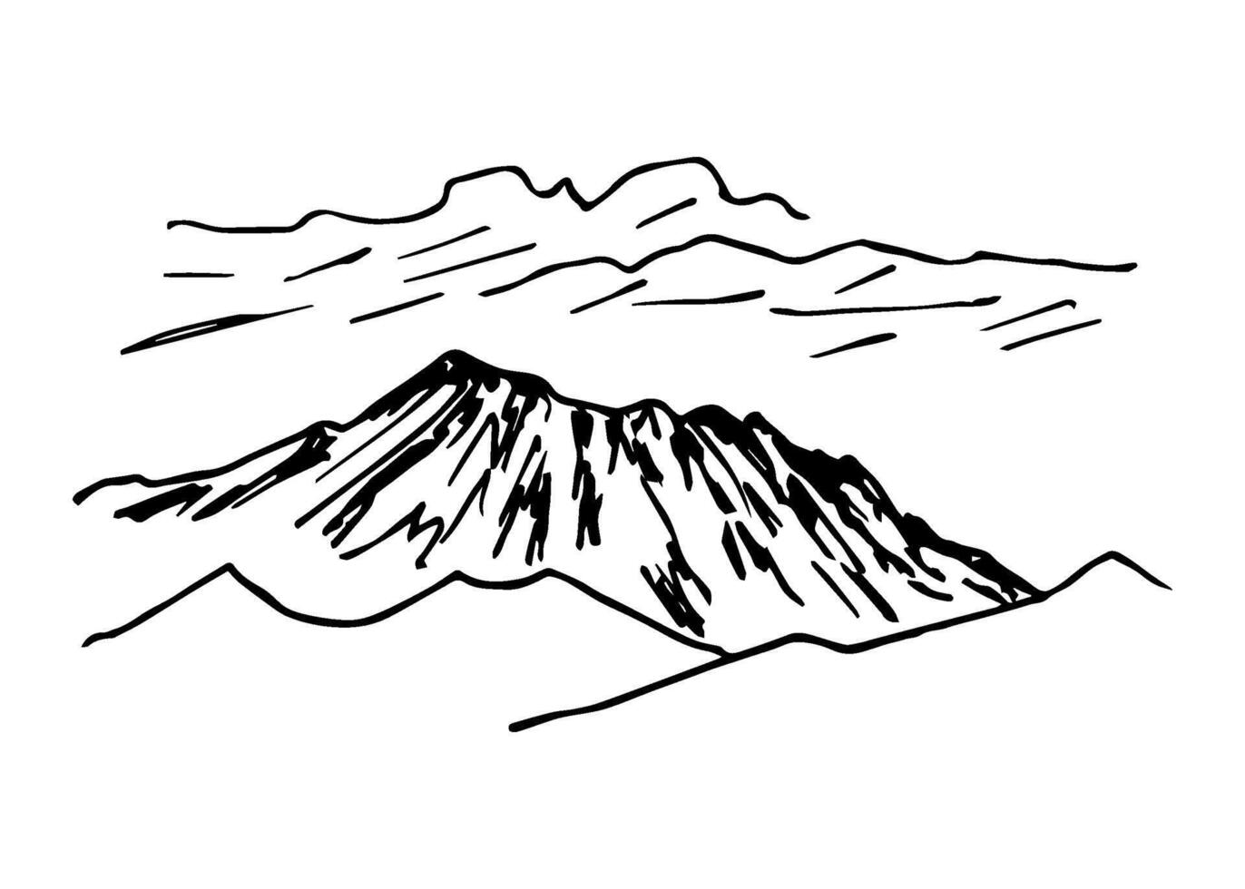 Hand-drawn black outline drawing. Wildlife of mountainous countries, landscape, contour of the mountain, sky with clouds, peak, rock. Sport, hiking, geology, nature. vector