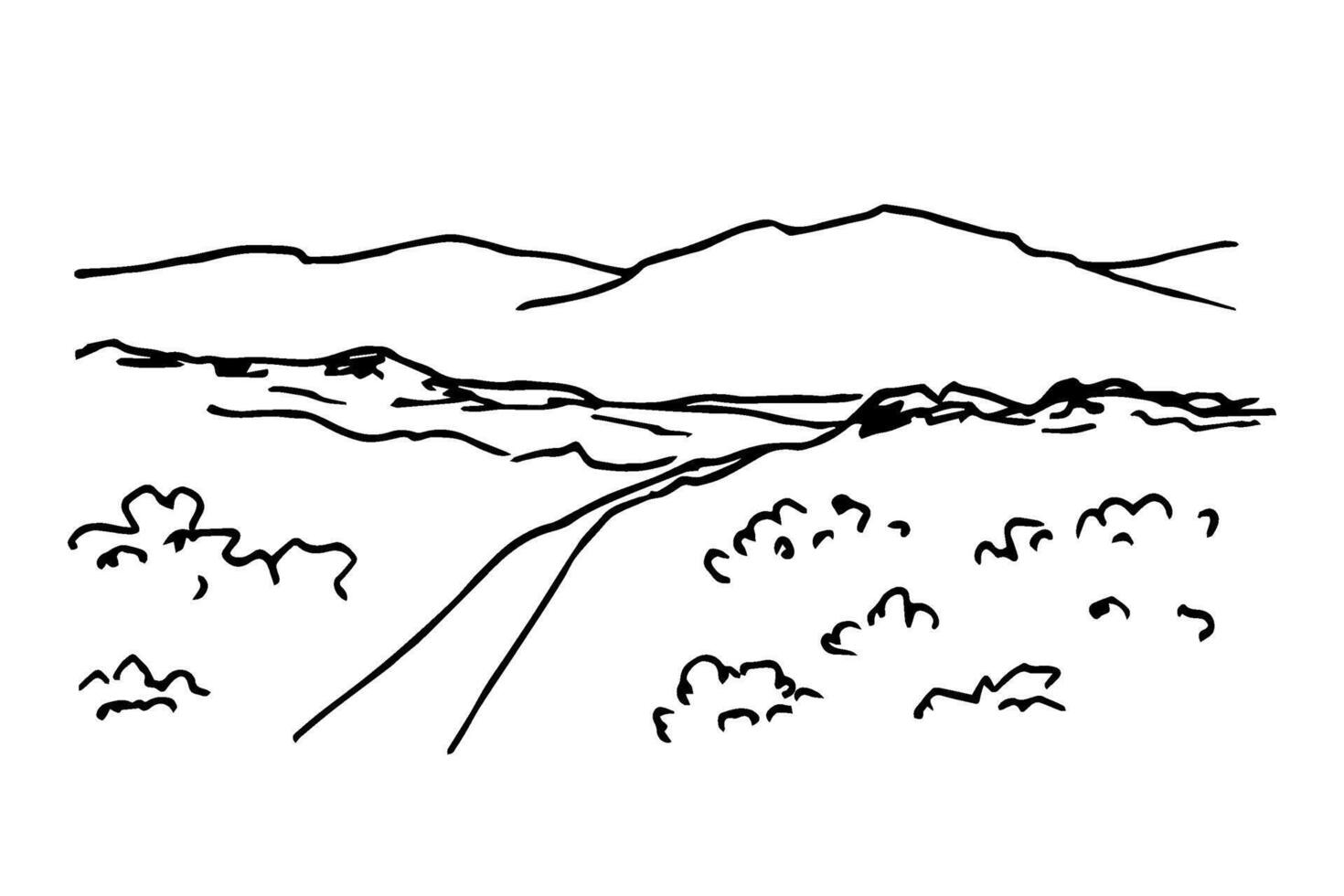 Simple freehand drawing in black outline. Silhouette of mountains on the horizon, road, bushes, hills, grass. Nature, rural landscape, walk in the park. For tourism, travel, leisure, coloring. vector