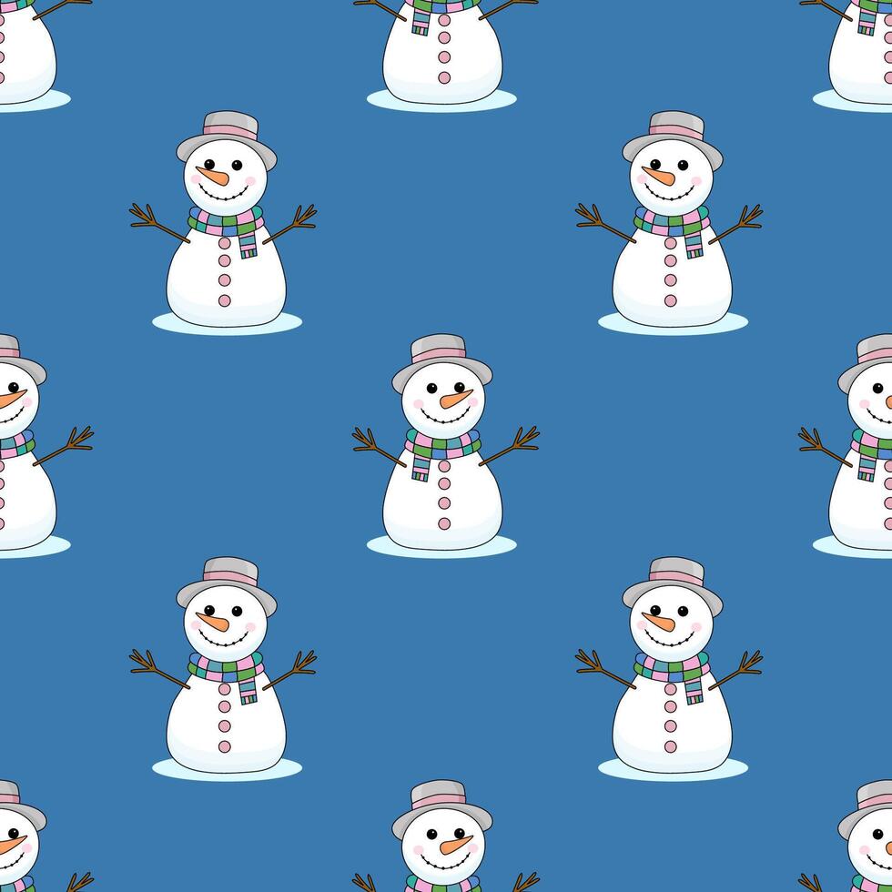 Seamless Christmas pattern with snowmen. Winter pattern for the new year on a blue background vector
