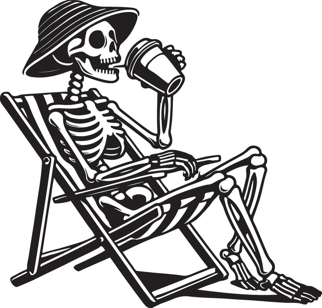skeleton sitting in a chair drinking coffee illustration vector