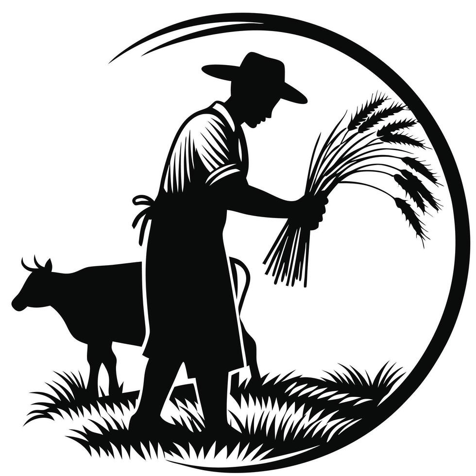 Farmer with wheat and cow vector