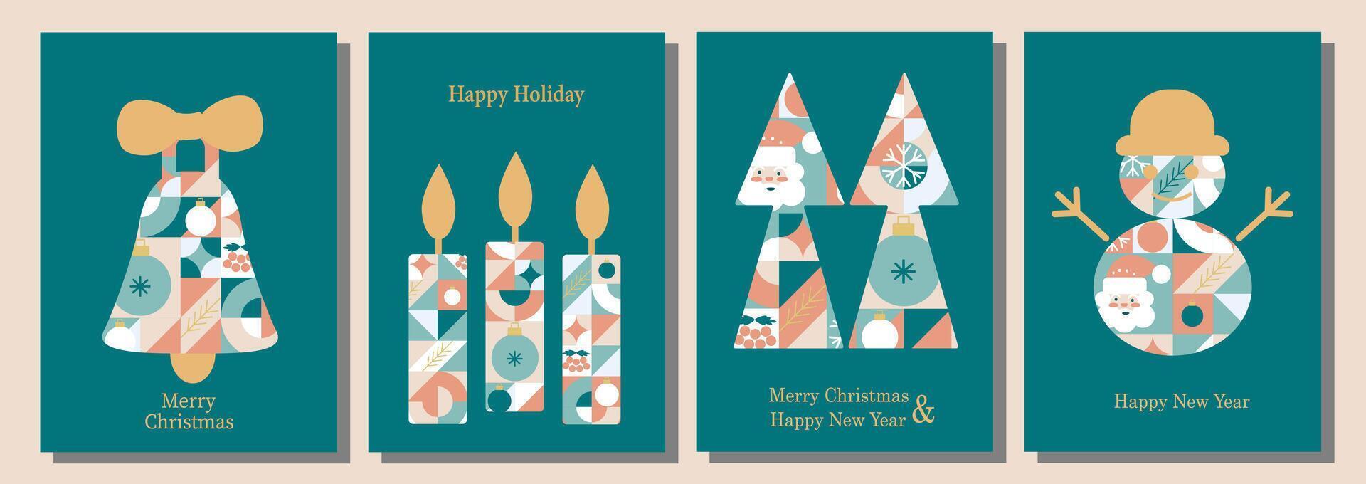 Abstract modern geometric flat style icons. four christmas cards with geometric shapes and snowmen vector