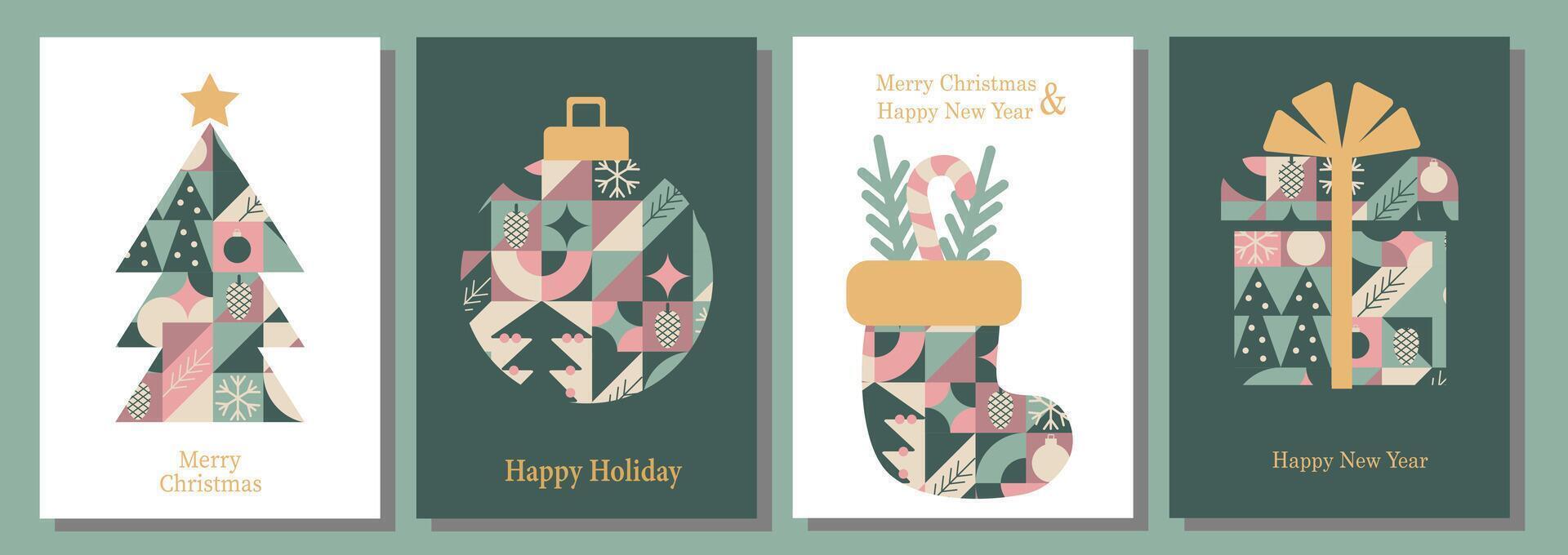 Set of winter cards and posters. four christmas cards with geometric shapes and christmas trees vector