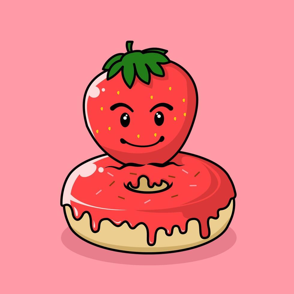 donut with strawberry flavor. donut and fruit combination icon. Food and drink concept icon isolated in flat cartoon style vector