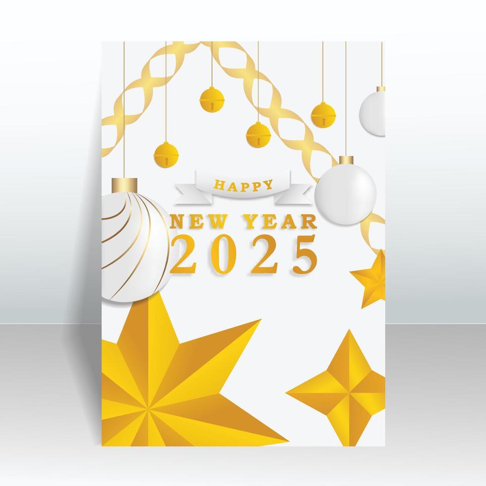 New Year 2025 greeting card design with a gold and white theme, featuring hanging ornaments, golden stars, and an elegant ribbon. Perfect for greeting cards, invitations or holiday themed promotions vector