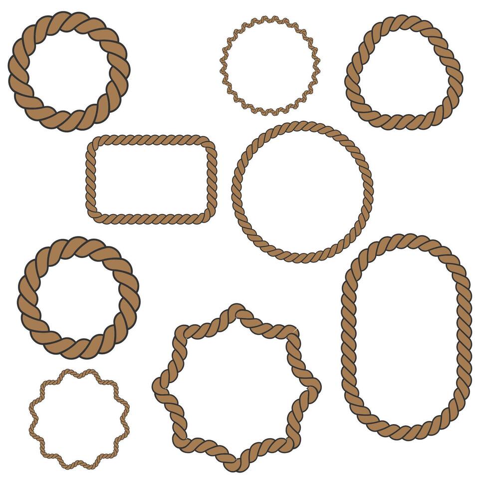 Set of different shape rope frame brush, border graphic, ornament, loop, strong, round, curve, textile, ornate vector
