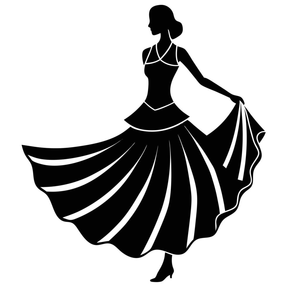 Flamenco Skirt Motion Silhouette on White Background vector