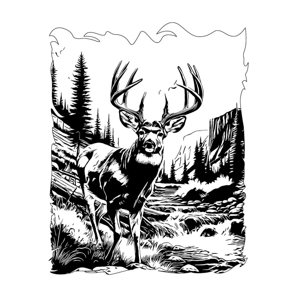 deer in river and mountains hunting logo illustration vector