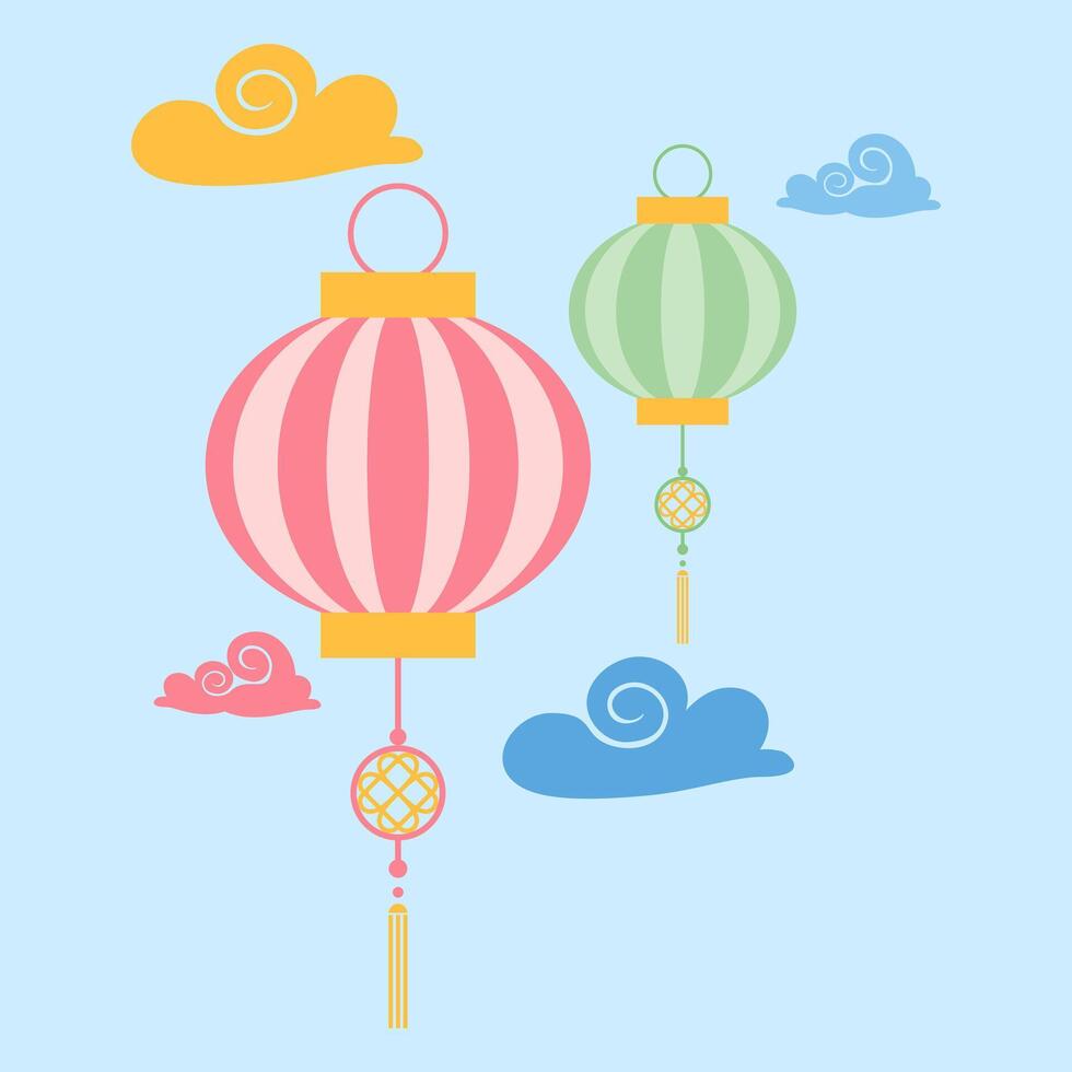 Pastel Lanterns and Clouds A Dreamy Asian Scene vector