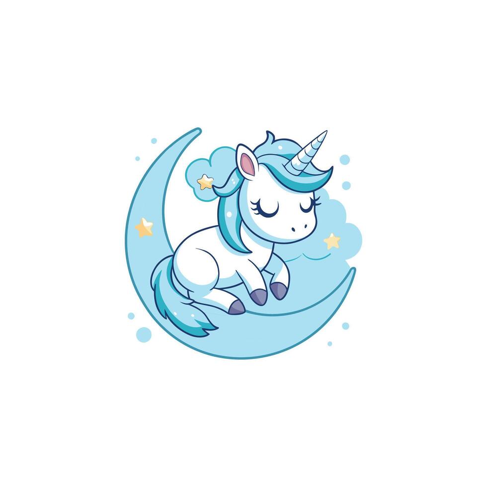 Cute Unicorn Sleeping On Moon Cartoon Illustration. Animal Space Concept Isolated. Flat Cartoon Style vector
