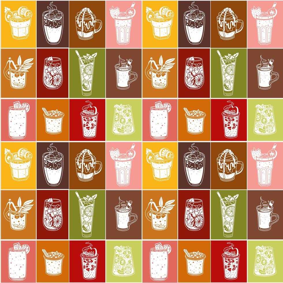 pattern with multicolored drinks in a square. Seamless texture of drinks for bar, restaurant. Glasses arranged in rows. Silhouettes of glasses in geometric shape. Printing for menu packaging, paper vector