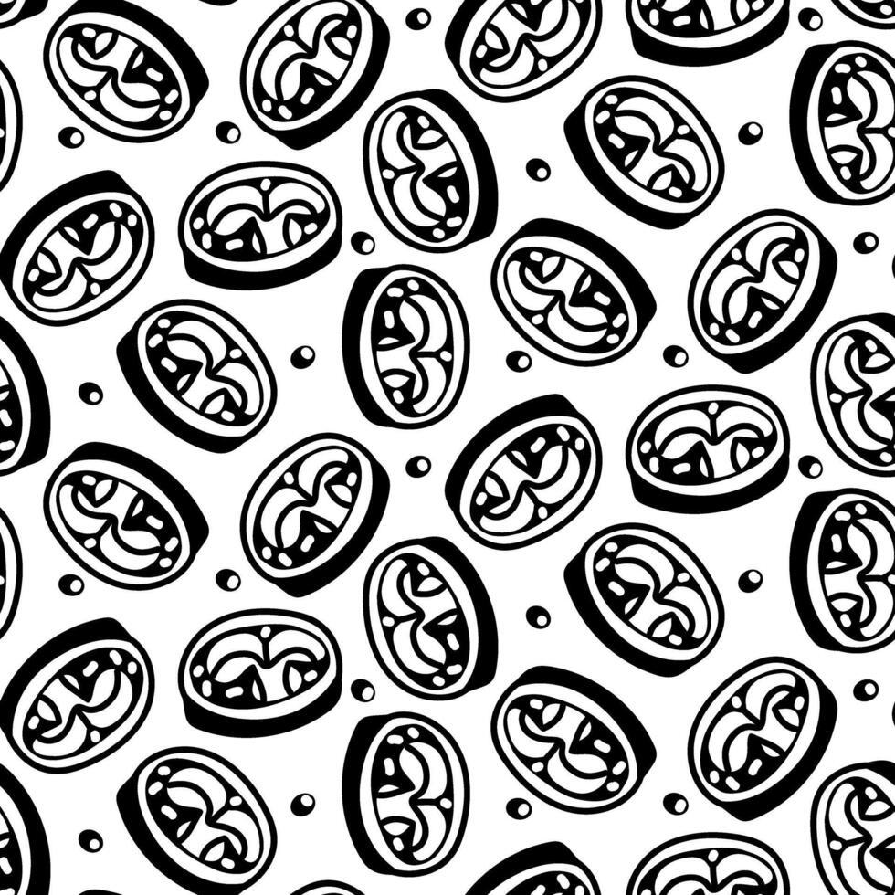 pattern is in the form of silhouette of hot pepper slices. Food, hand-drawn. illustration of pepper sliced into rings with seeds on a white. spices, seasonings for spice of dishes. Food additives vector
