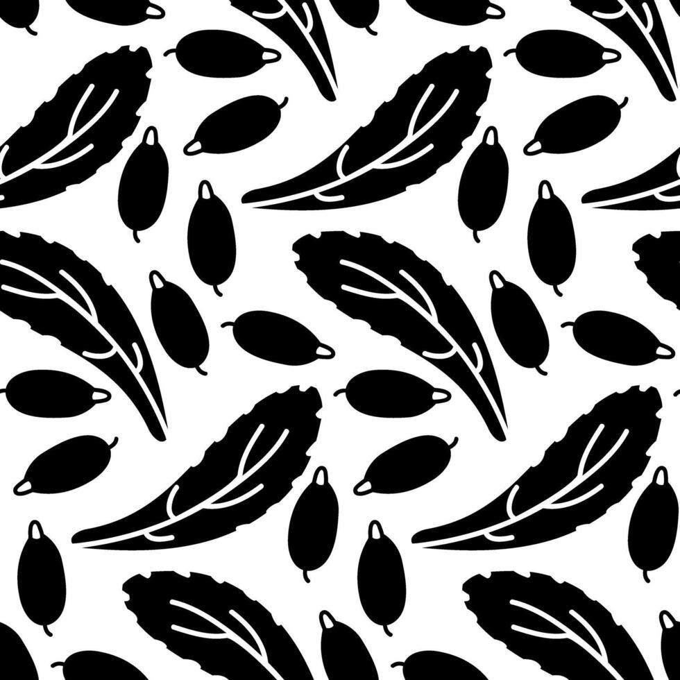barberry pattern, leaves and berries. Culinary herbs and spices, hand-drawn. Seamless seasoning. Seamless texture in black silhouette on a white background. Seasonings, spices, and food additives vector