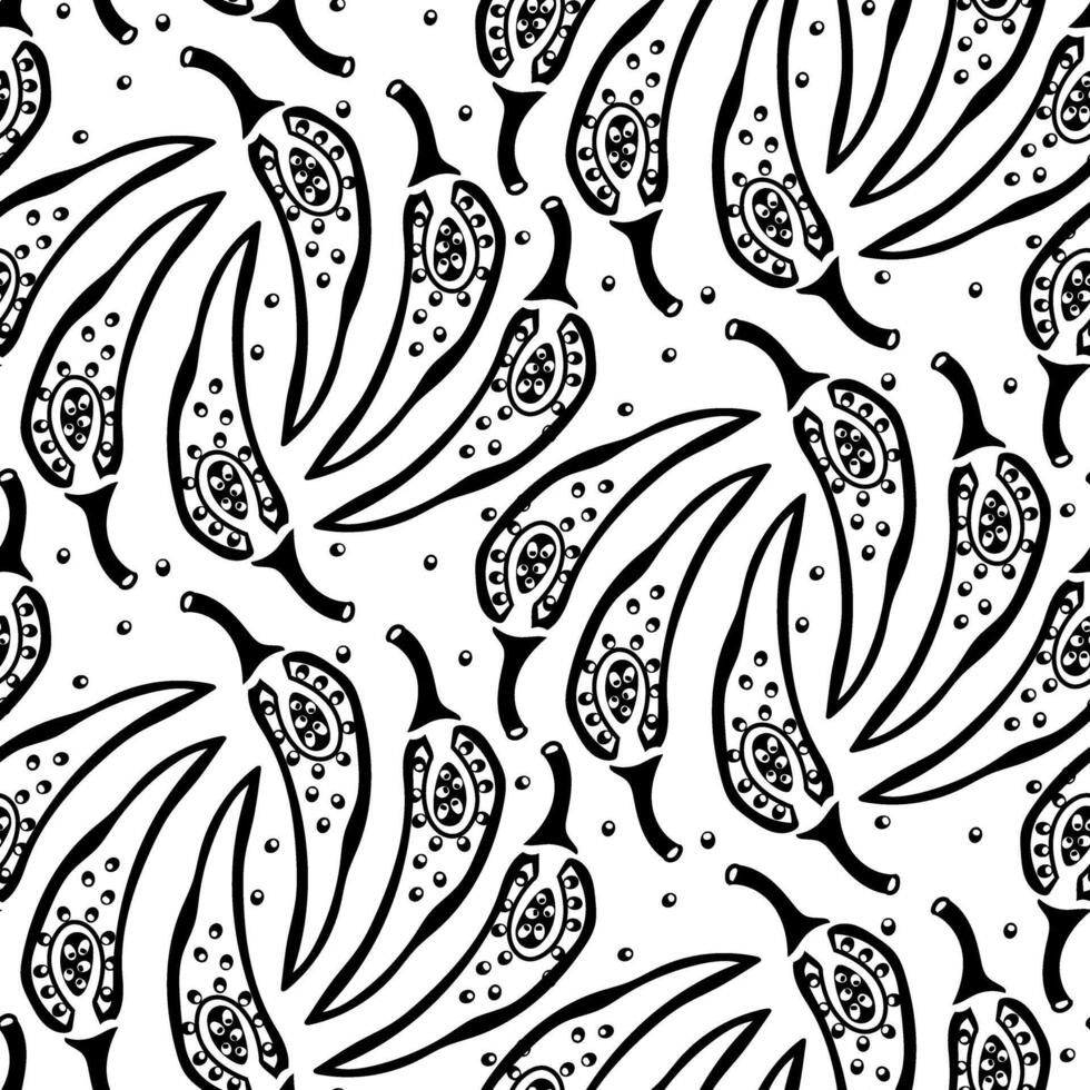 pattern is in the form of silhouette of a hot pepper pod. Food, hand-drawn. illustration of pods cut lengthwise and seeds on a white. spices, seasonings for the spice of dishes. Food additives vector