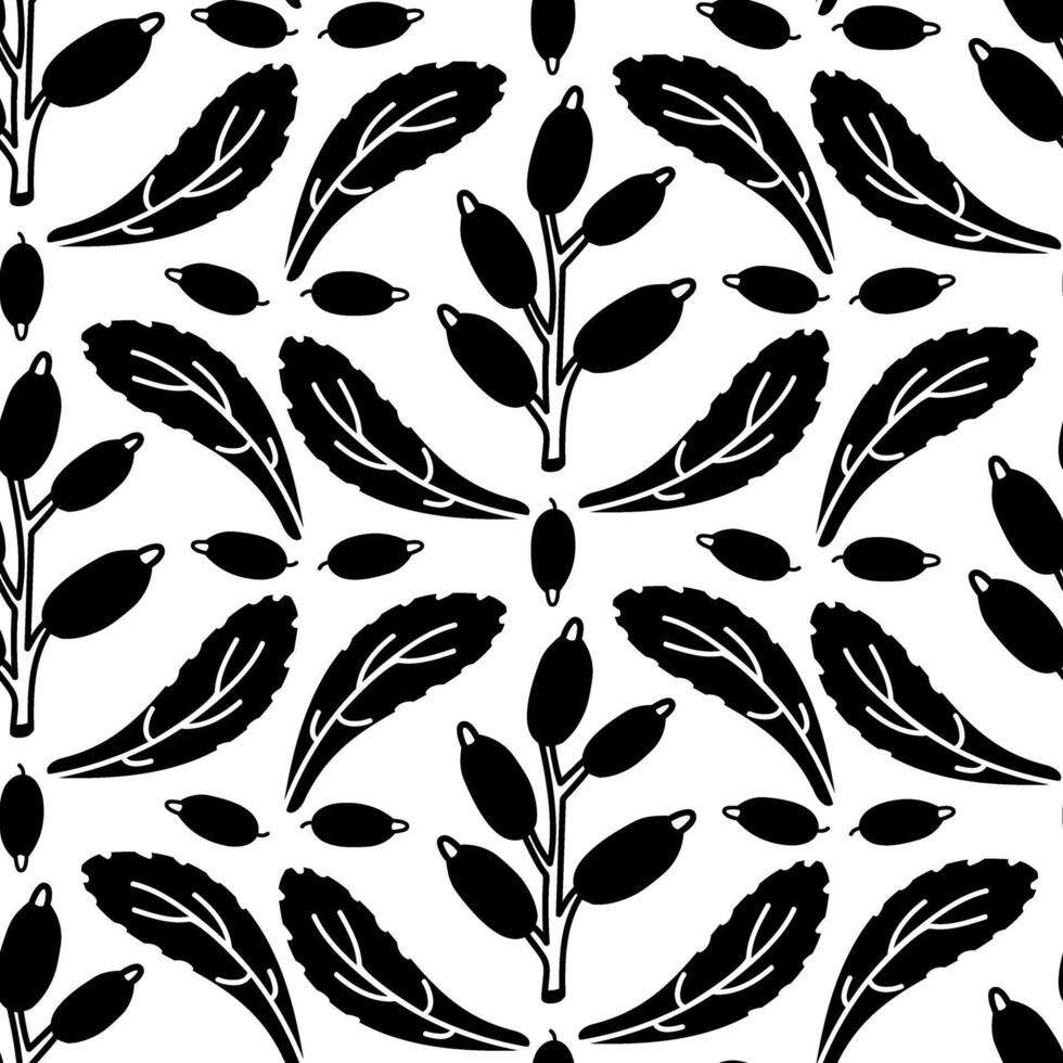 pattern of barberry, twigs and berries, art deco. Culinary herbs spices, hand-drawn. Seamless seasoning. Seamless texture symmetrical in black silhouette on white. Seasonings, spices, food additives vector