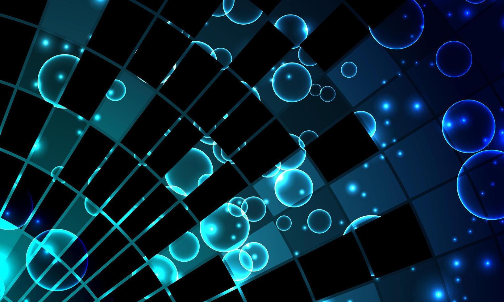 Abstract perspective squares blue background. Mosaic shiny light with bubbles. futuristic dimension technology. vector