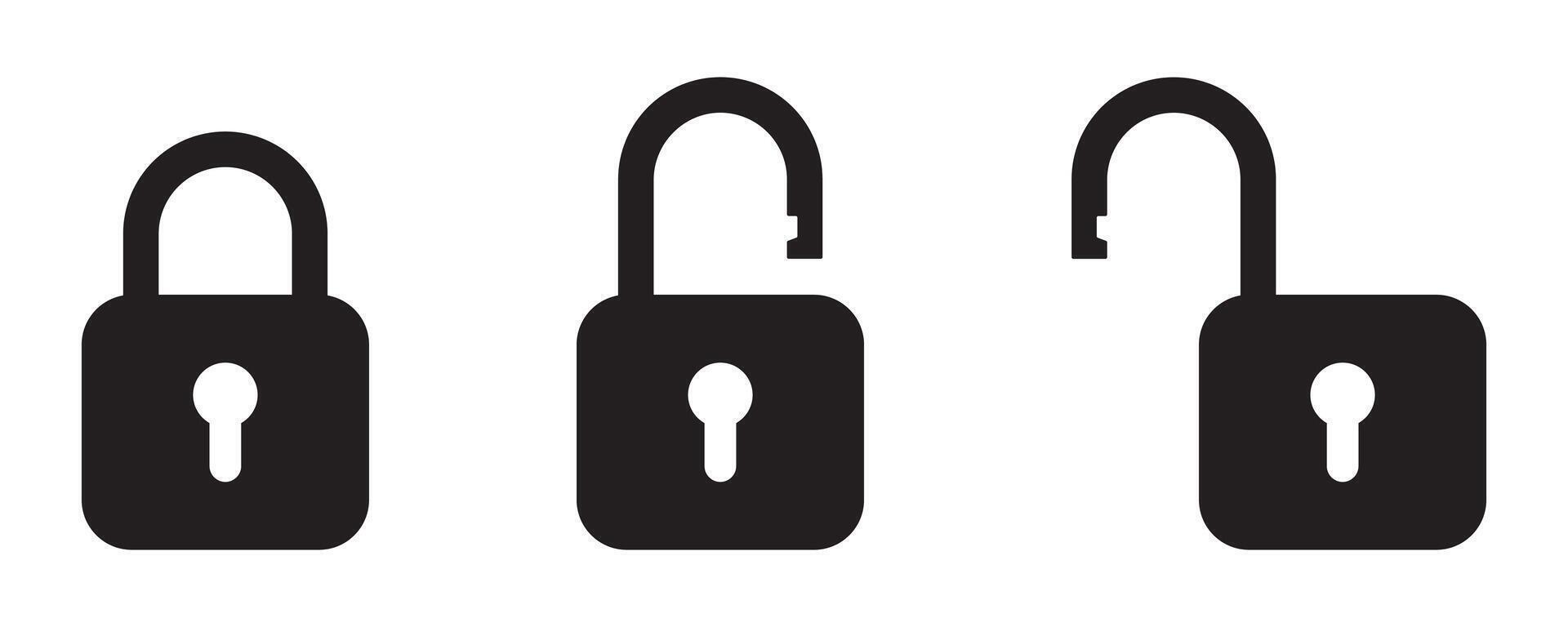 Padlock icon, security icon. Black locked unlocked padlock icon. vector