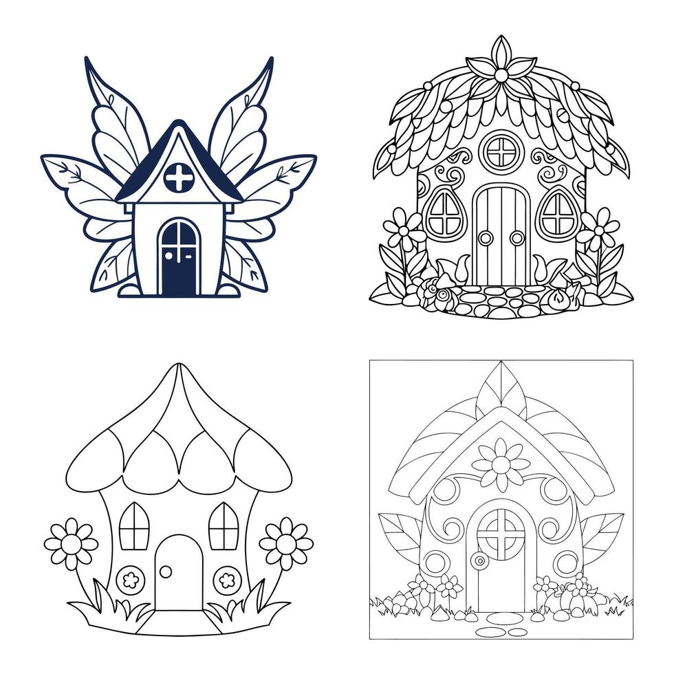 Hand drawn cute fairy house coloring page for kids vector
