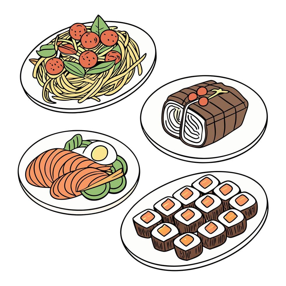 A set of plates with various types of food vector