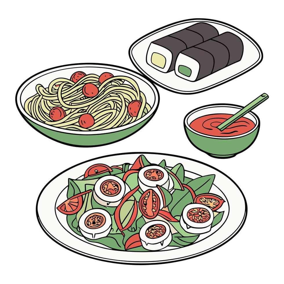 A set of plates with food and a bowl of noodles vector