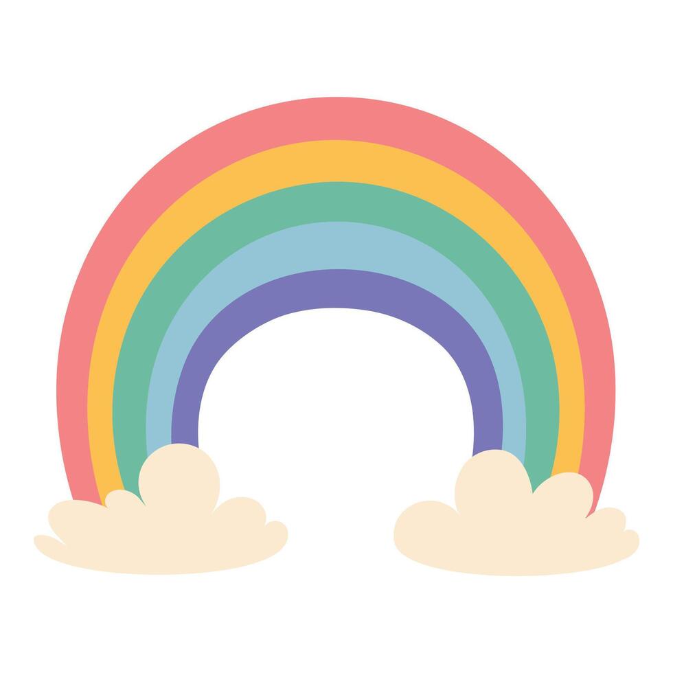 Cute Hand Drawn Rainbow with Fluffy Clouds on White Background vector