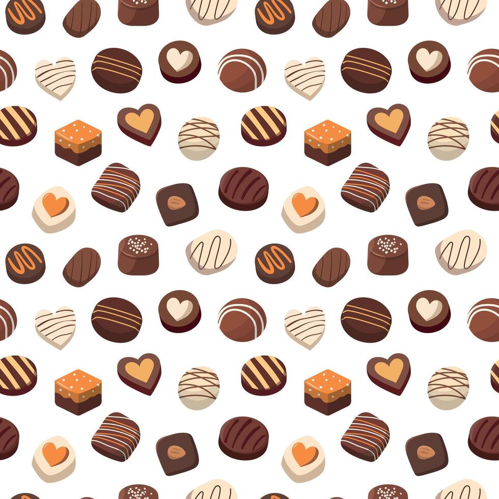 Sweet chocolate candies seamless pattern. Set of chocolate sweets and desserts. Isolated on white background. vector
