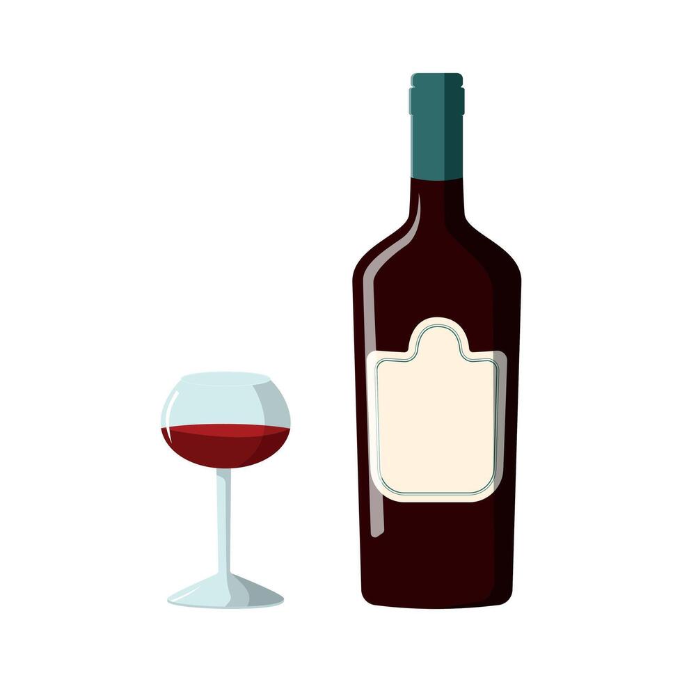 Set of glass and bottle with red wine, cartoon flat illustration. Isolated on white background. vector
