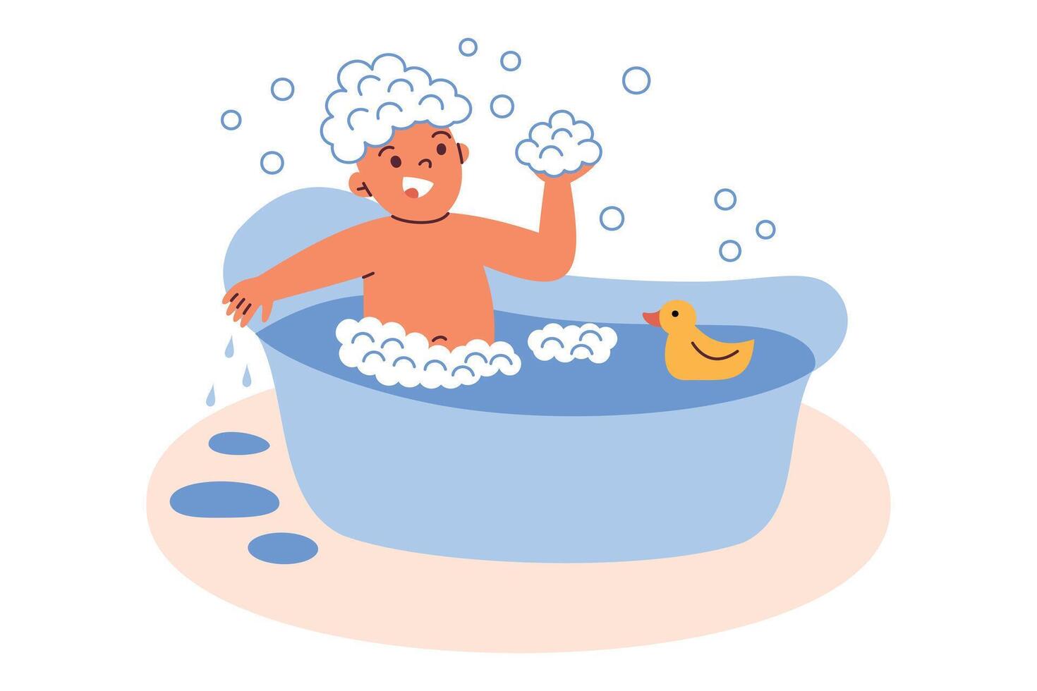 illustration of happy child taking bath with foam, bubbles, and yellow rubber duck. Cartoon style, flat design, perfect for kids hygiene, or bathroom themed projects, isolated colored clipart vector