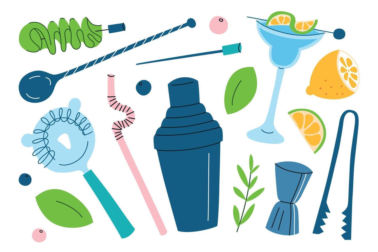 illustration set of cocktail tools with shaker, jigger, spoon, strainer, and garnishes like lemon and herbs. Flat cartoon style for bartending, mixology, and drink preparation themes, vector