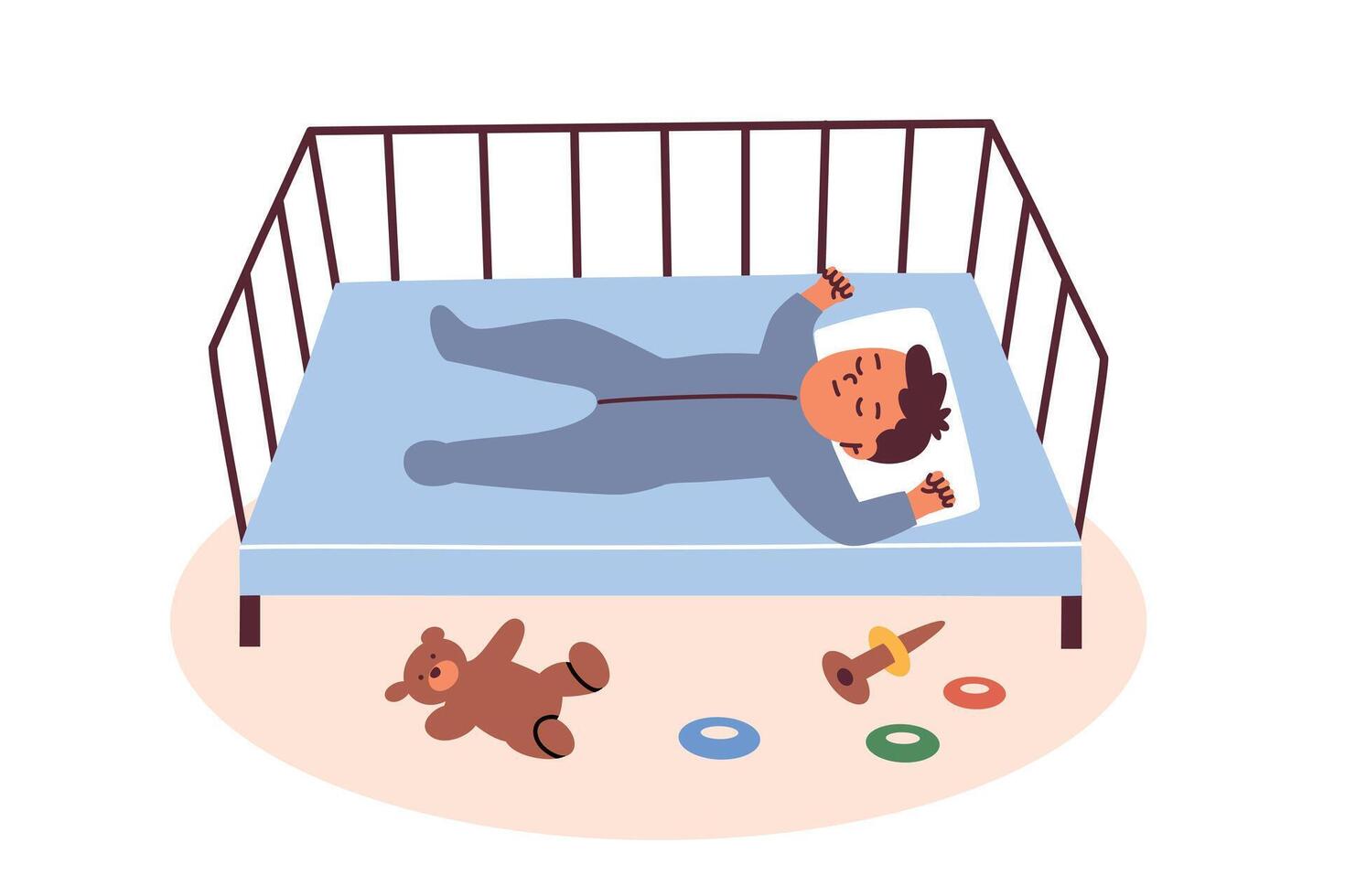 illustration of sleeping baby in crib, toys, teddy bear and ring stacker lying on the floor. Baby boy character in cartoon style, flat design, ideal for themes of childhood, sleep, parenting vector