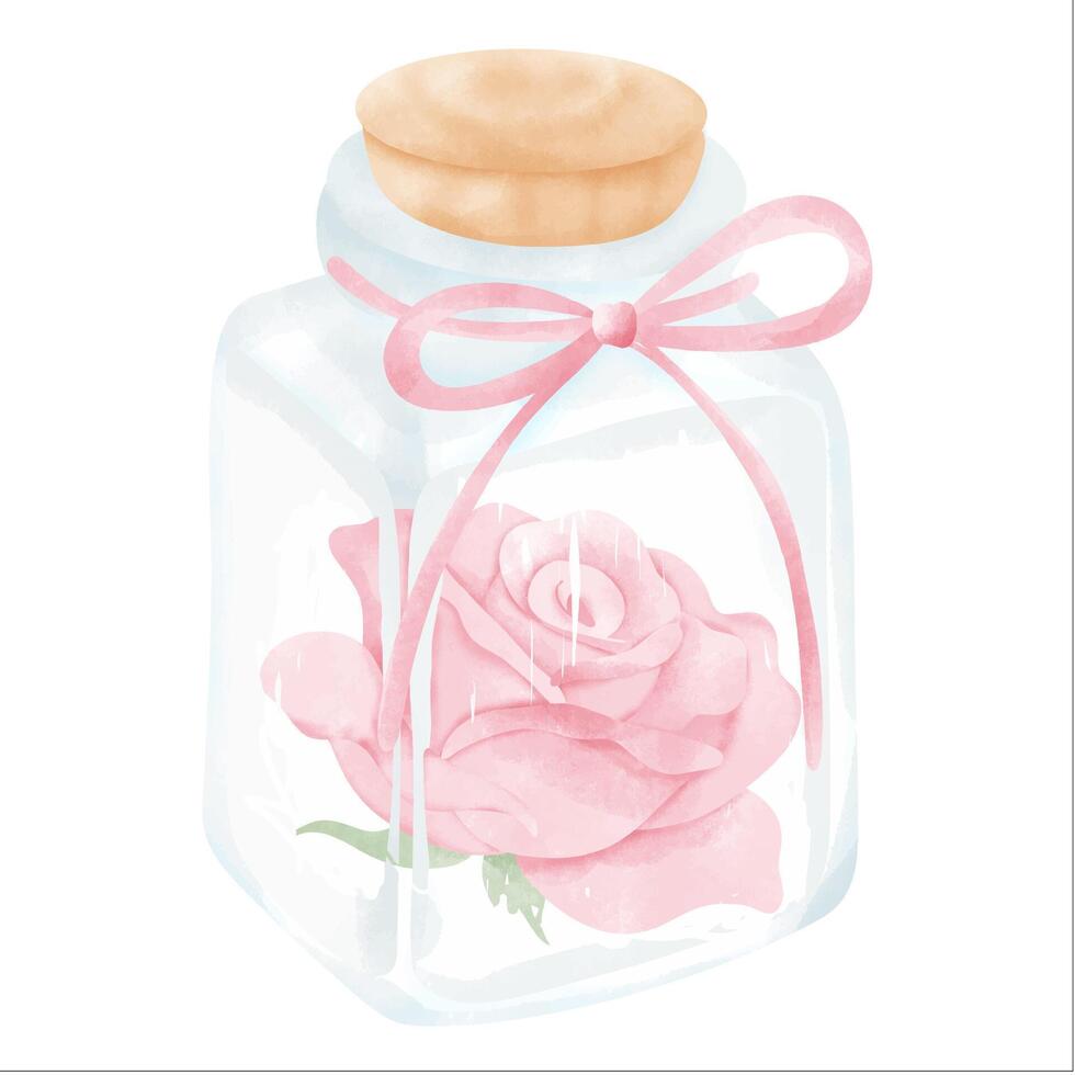 Watercolor Pink Rose in Square Glass Jar with Ribbon vector
