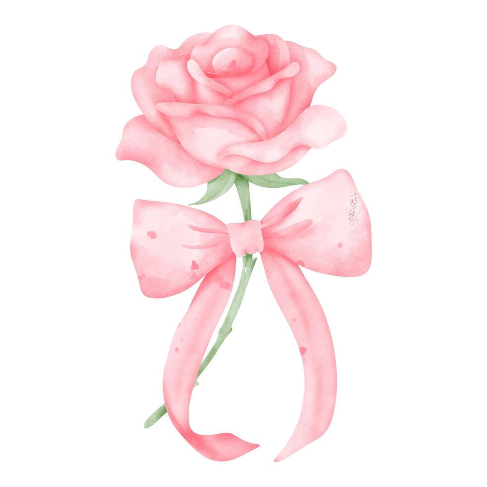 Watercolor Pink Rose with Large Ribbon Bow vector