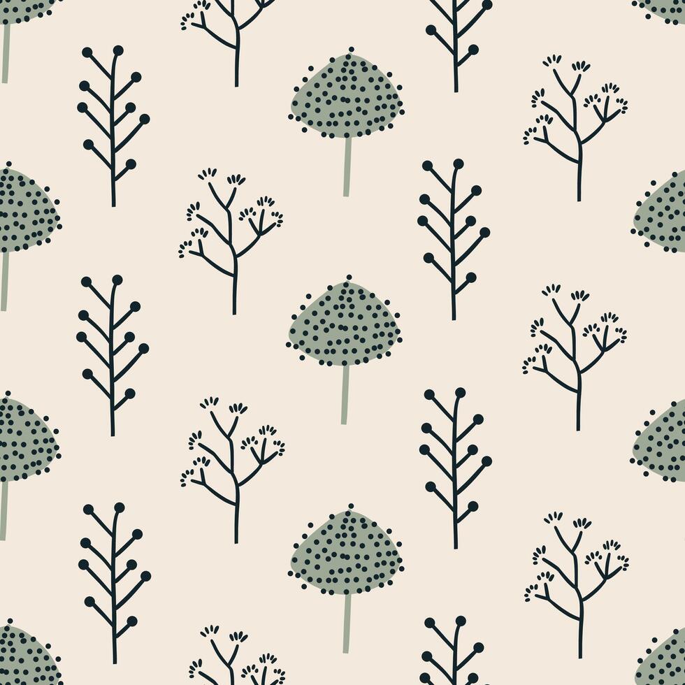 Seamless trendy pattern with abstract scandi trees , flat style illustration on light background vector