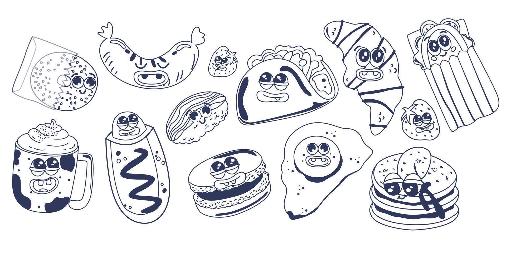 Set of retro line cute food characters. Trendy sticker set with funky groovy food characters. element food breakfast. Croissant, hot dog, pancake, coffee, fried egg, sandwich vector