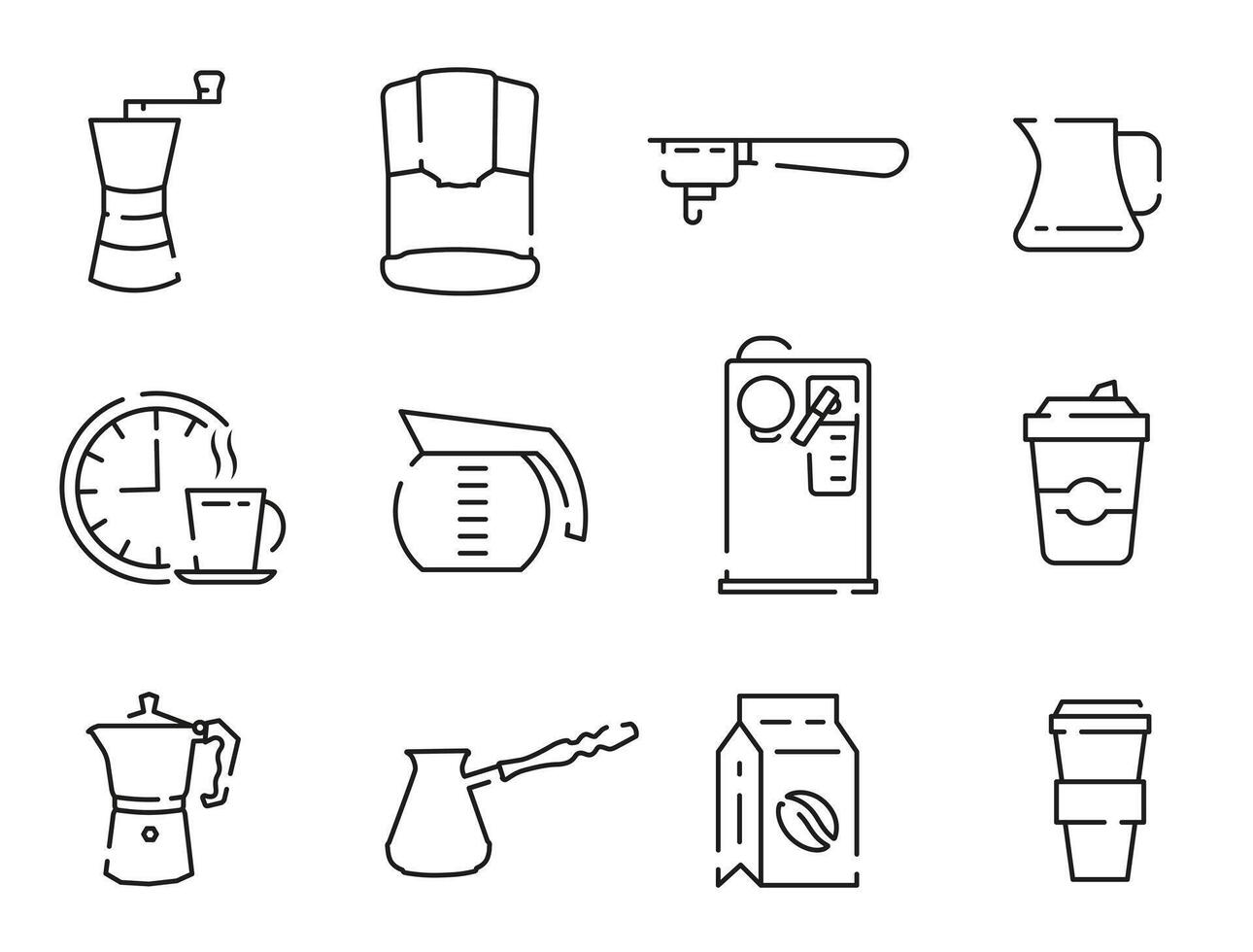 Coffee icon set. Everything for coffee. Thin line icons with space. Time for coffee icons. vector