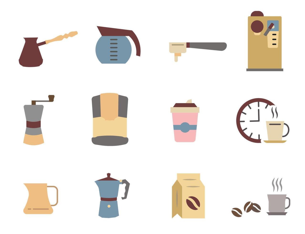 Coffee icons colored. Coffee icon set. Everything for coffee. Time for coffee icons. vector