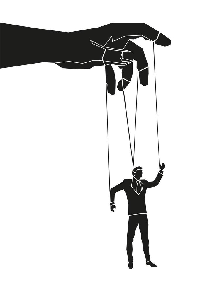 Exploitation of dominance by the employer or manipulator of power. Puppet master hands control puppets. vector