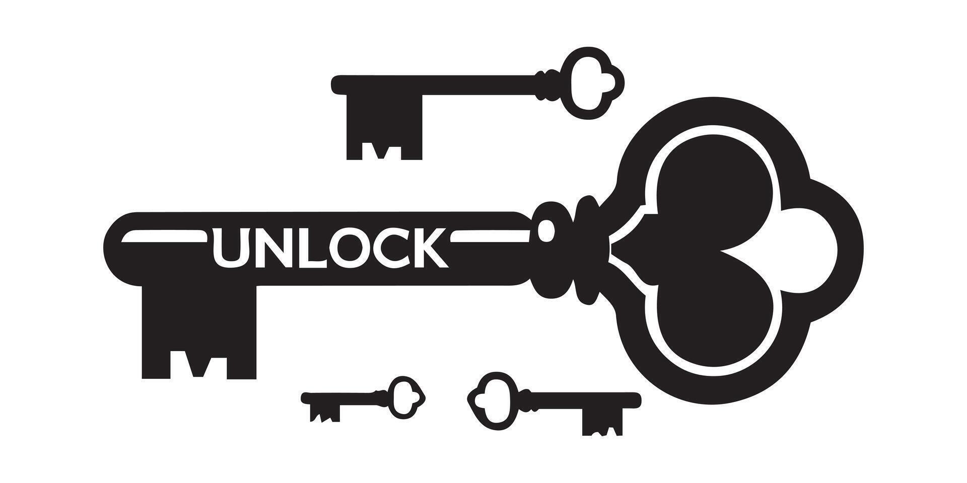 A simple, black and white graphic of a decorative antique key with the word UNLOCK displayed prominently. vector