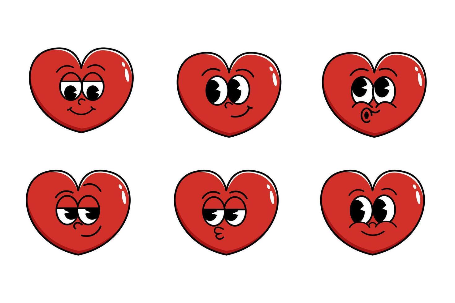 Cheerful happy heart character in trendy retro style of 60s 70s. Love concept. Happy Valentine's Day. Cute set of emoji retro expressions. vector