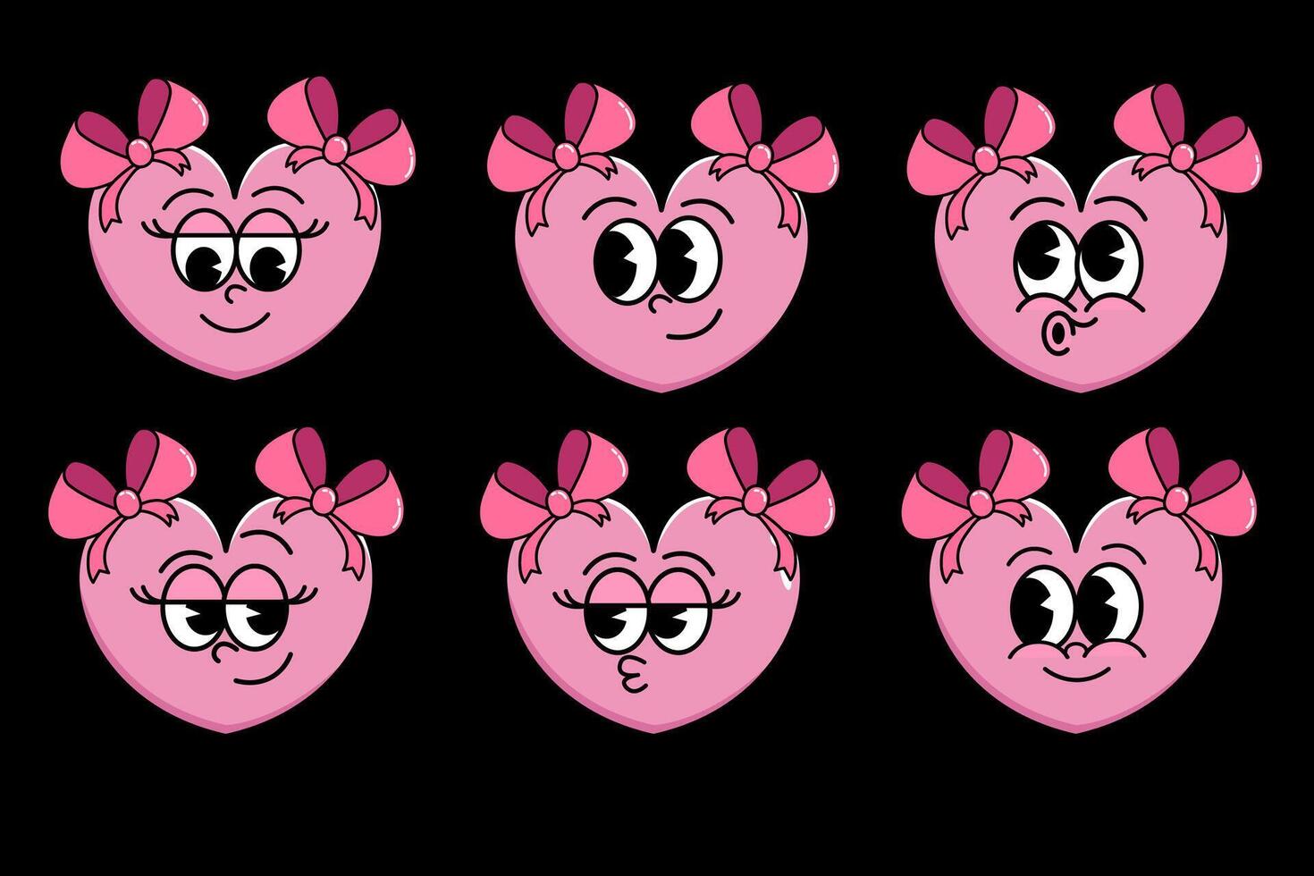 Heart pink character with bows, with different emotions in old cartoon style. Cute emoji set. Retro facial expressions set. vector
