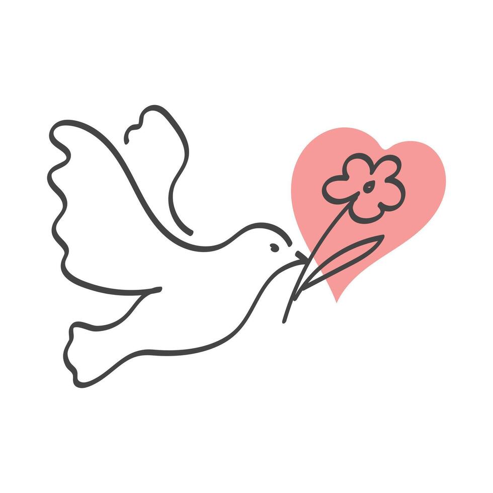Dove bird holding flower icon. Symbol of Peace and Love. Pigeon sulhouette vector