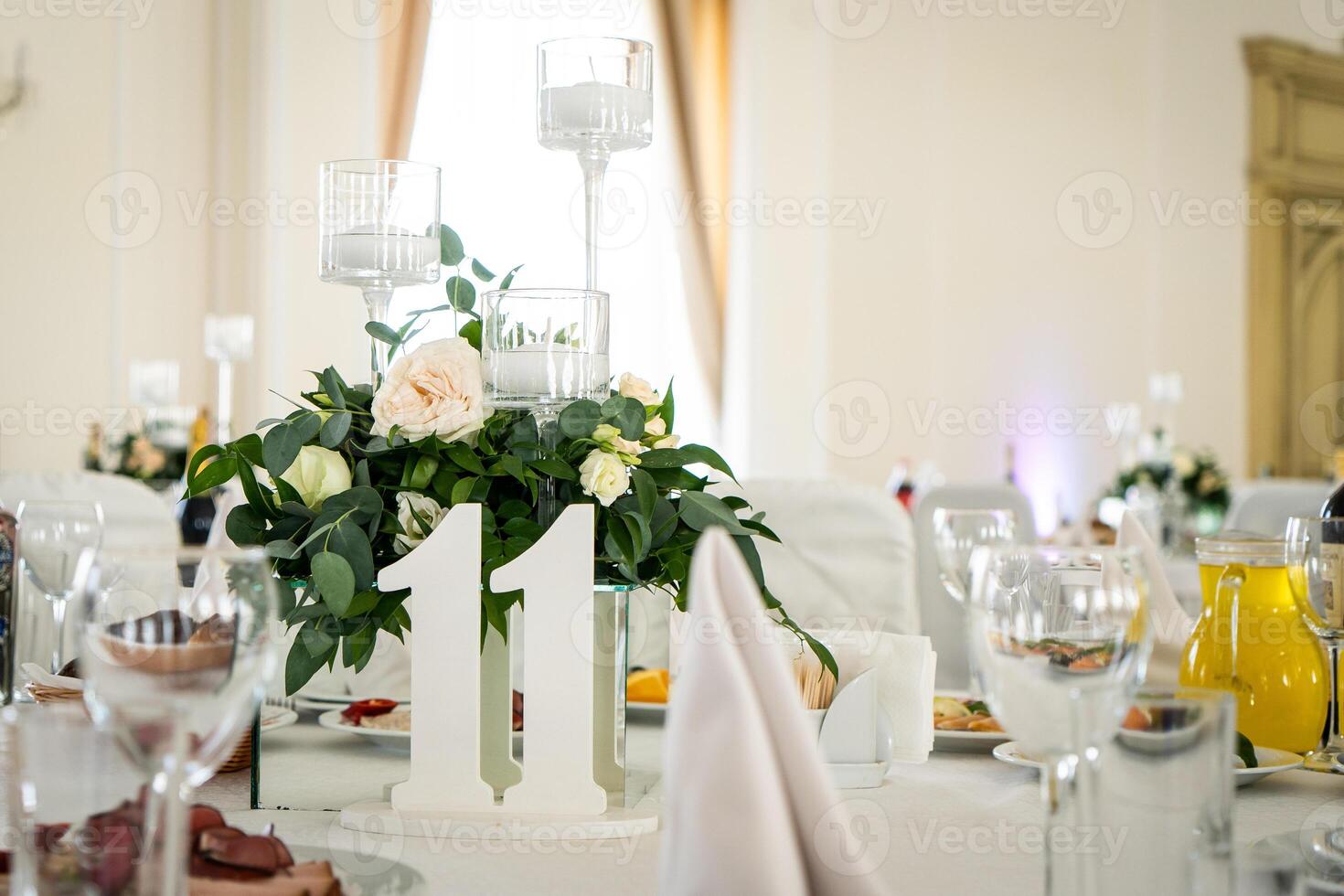 Wedding interior restaurant flowers, blossom floral decorations, white bloom for wedding ceremony photo