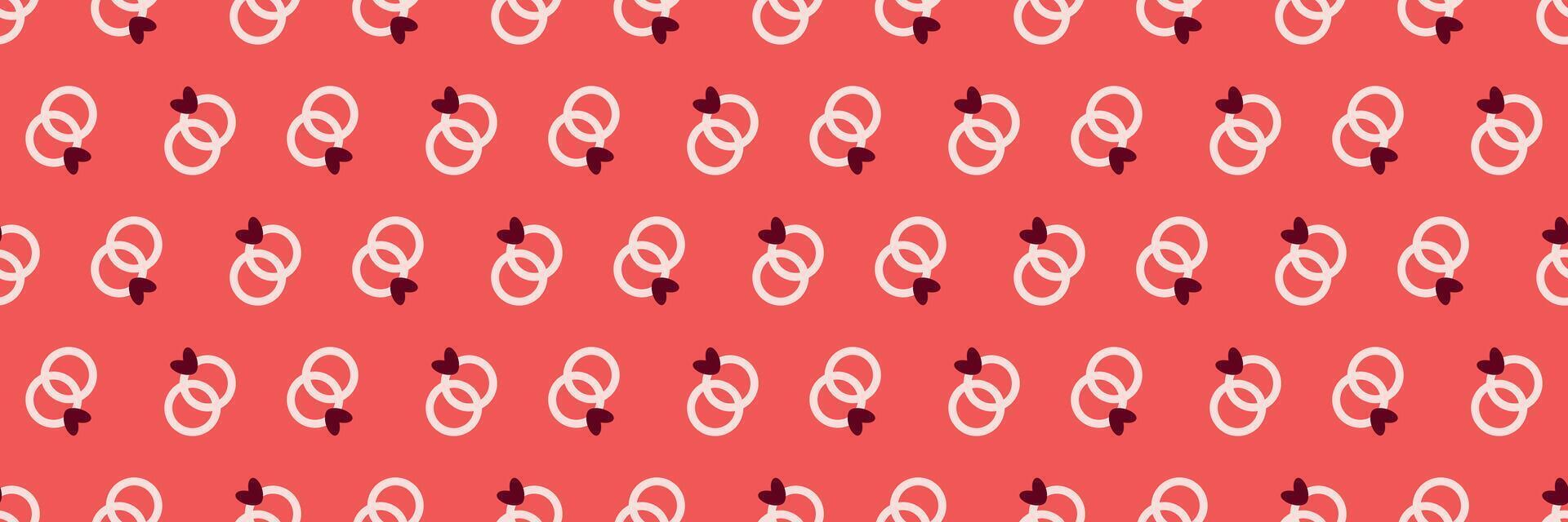 Romantic Linked Rings Pattern with Hearts on Coral Red Background. Valentines Day seamless pattern Long horizontal web cover banner, sale header, voucher template. Wedding, packaging, wrapping paper, vector