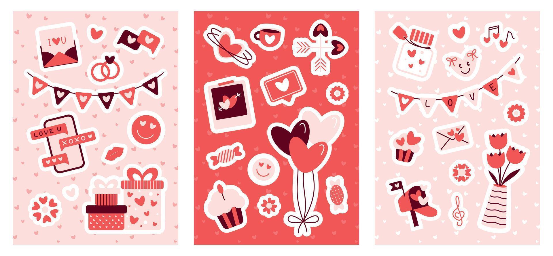 Valentine's Day sticker pack set, love stickers, red and pink decorative elements. Messages, jar, rings, heart, candy, gift box, cupcake, arrows, envelope, coffee cup, ribbon bow, like, smile, letter vector