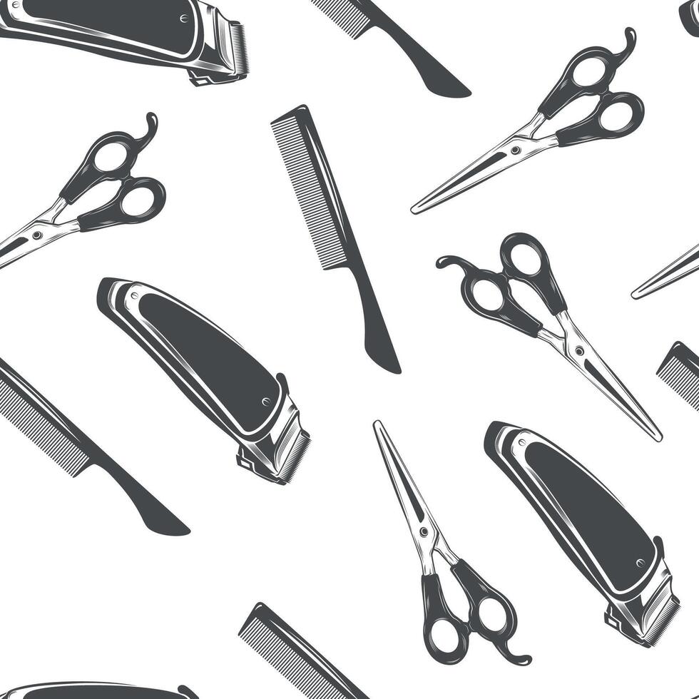 Seamless pattern and set of hairdressing tools on a white background. vector