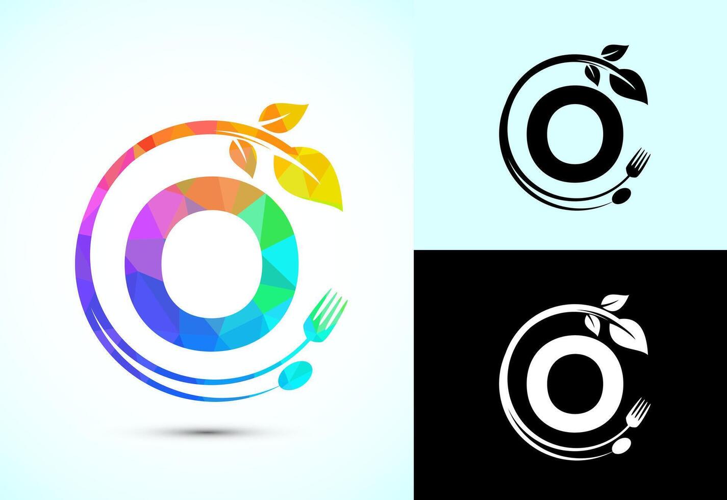 Initial alphabet O with a fork, spoon, and leaf. Healthy natural food logo concept vector