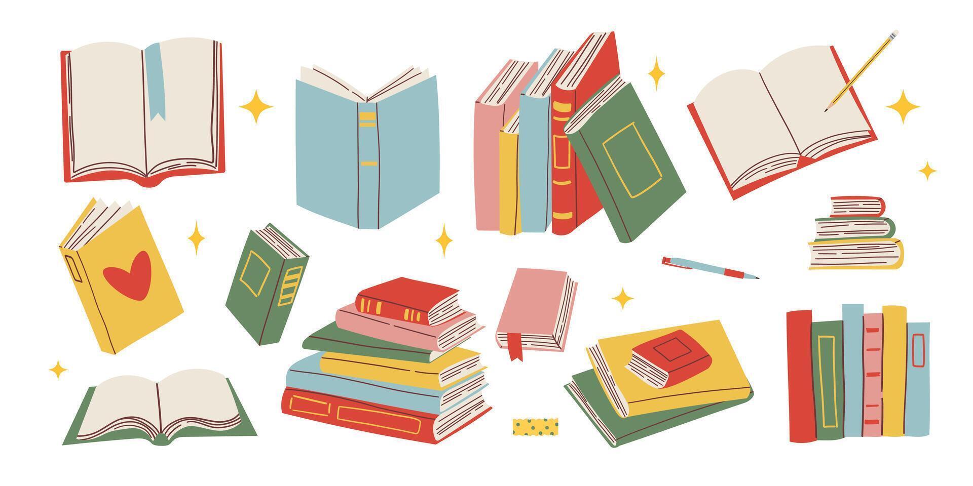 Cute colorful book collection. Set of different stacks and piles of books, open and closed books. Educational theme, scientific and fiction literature. illustration isolated on white background vector