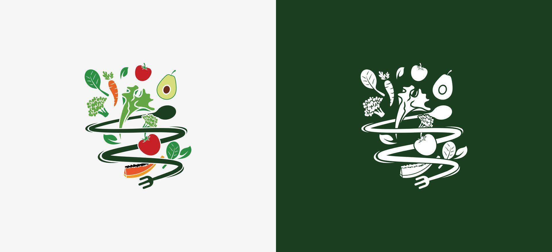 Salad logo design, illustration of vegetables and fruit with a creative swirl concept vector