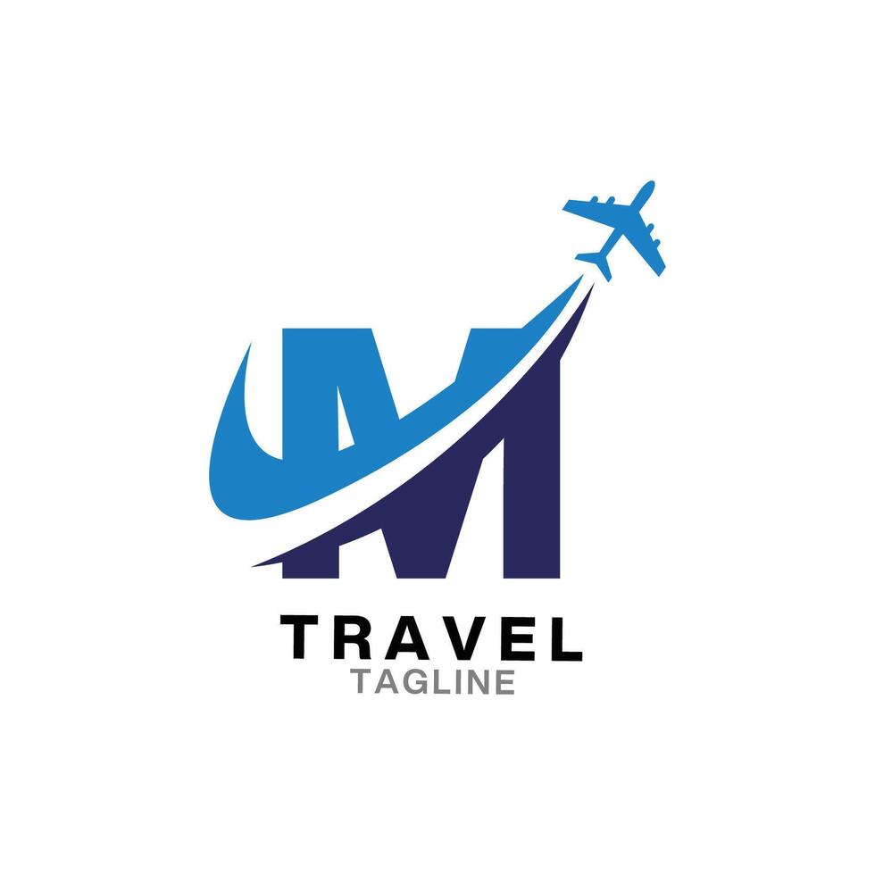 Abstract letter M with plane and airline logo design. Suitable for travel label, tourism, journey posters, flight company advertising, airways identity, and tech transportation vector